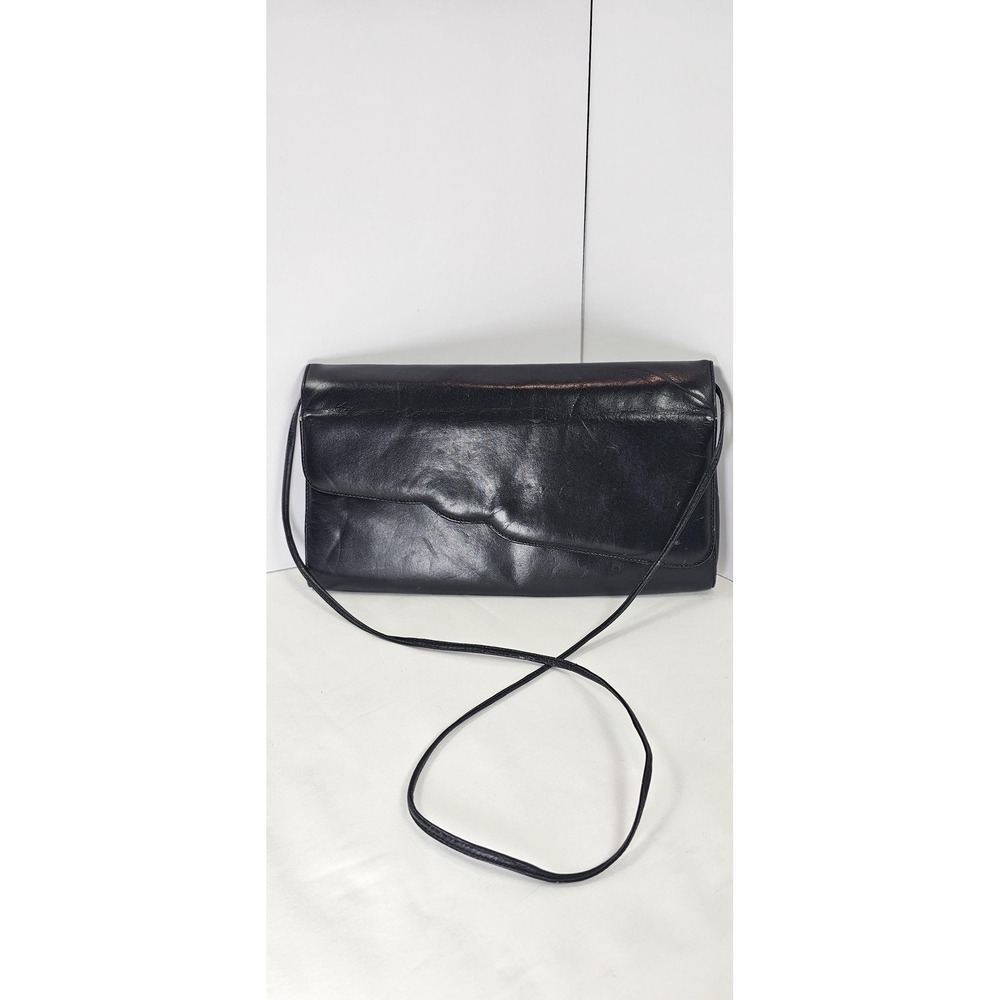 Vintage Black Leather Envelopeâ Clutch Crossbody Purse Made in Brazil Snap Flap